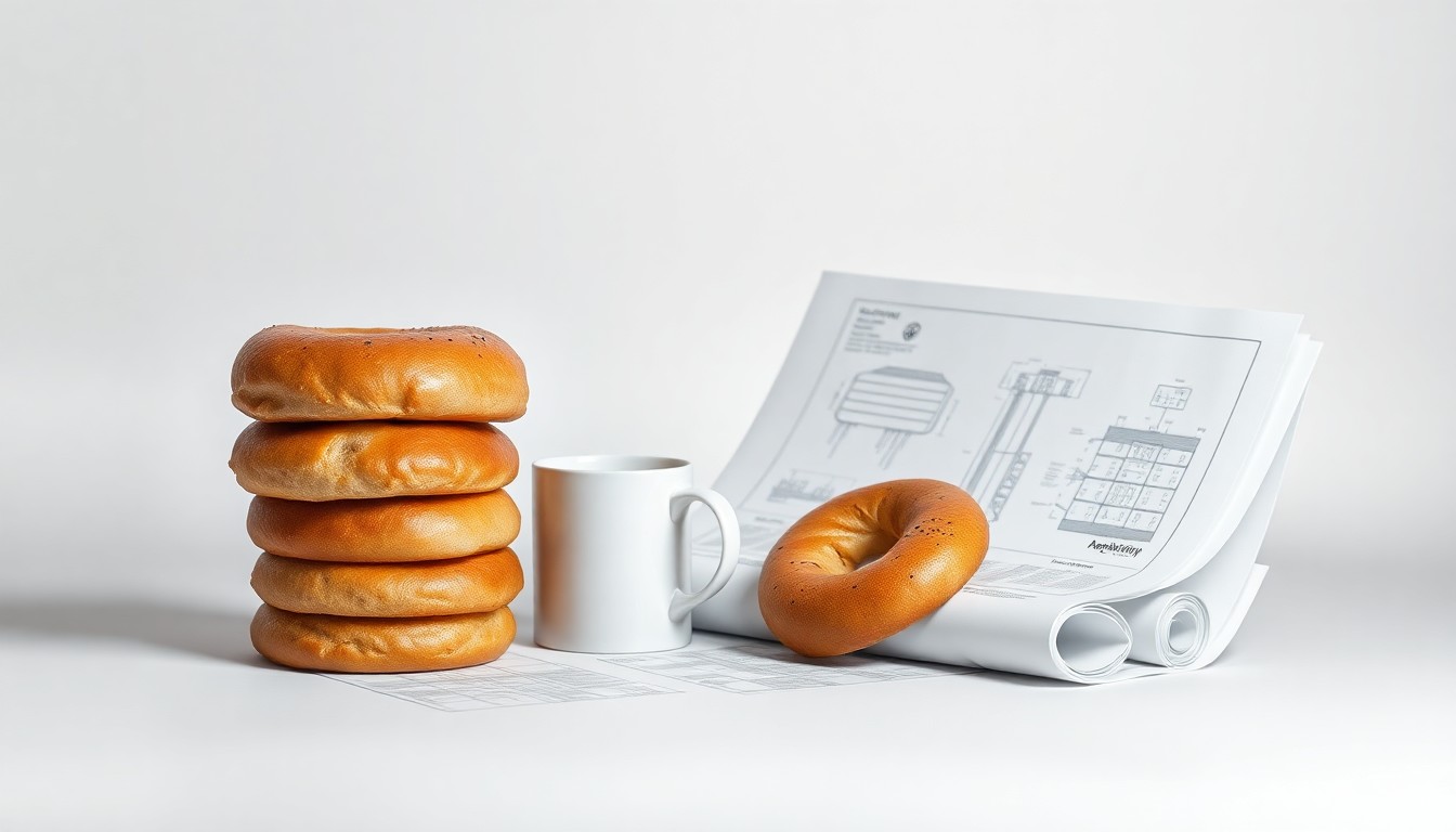 A high-end, photorealistic studio still life featuring a stack of freshly baked bagels, a coffee mug, and architectural blueprints, conceptually representing the redevelopment of a former small business space into new housing.