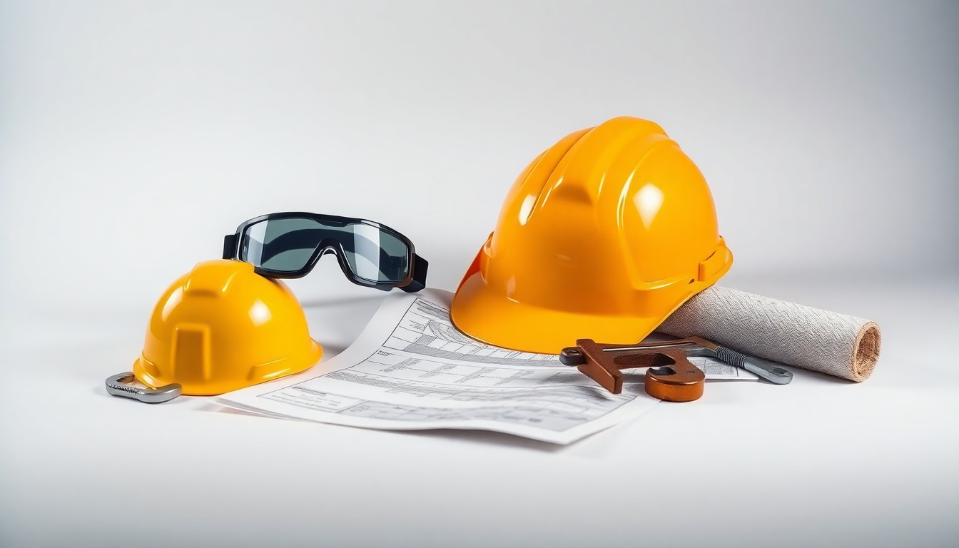 A high-end, photorealistic studio still-life photograph featuring a collection of premium construction materials and tools, including a hardhat, safety goggles, a wrench, and a blueprint, arranged elegantly on a clean, monochromatic seamless background. The objects use sharp, dramatic studio lighting and deep shadows to represent the abstract challenges of infrastructure investment and project management.