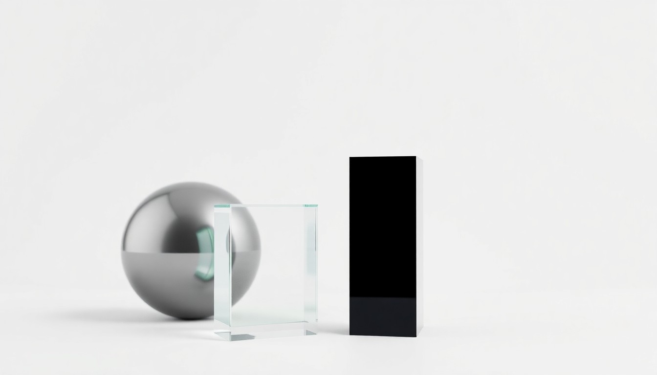 A minimalist, photorealistic studio still life featuring polished metal, glass, and black geometric shapes arranged elegantly on a clean white background, conceptually representing global investment, clean energy infrastructure, and political risk mitigation.