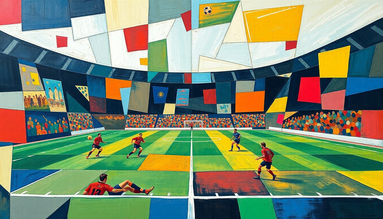 A fragmented, geometric painting featuring overlapping planes of color and shape that deconstruct a football game into its core visual elements.