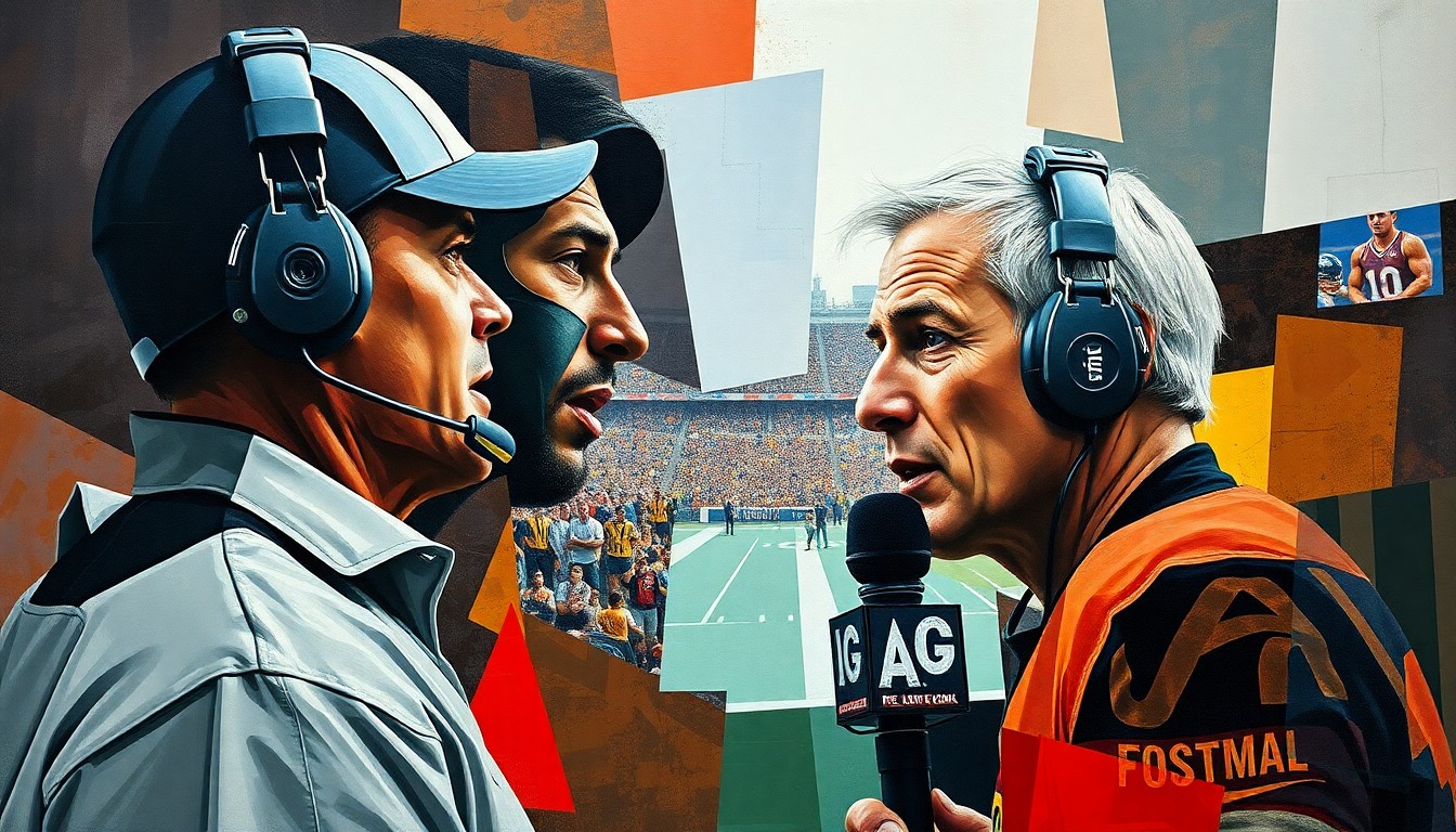 A fragmented, geometric painting depicting the encounter between a football coach and a sports reporter, with their figures and surroundings broken down into sharp, overlapping planes of color and shape, conveying a sense of privacy and ethical dilemma.