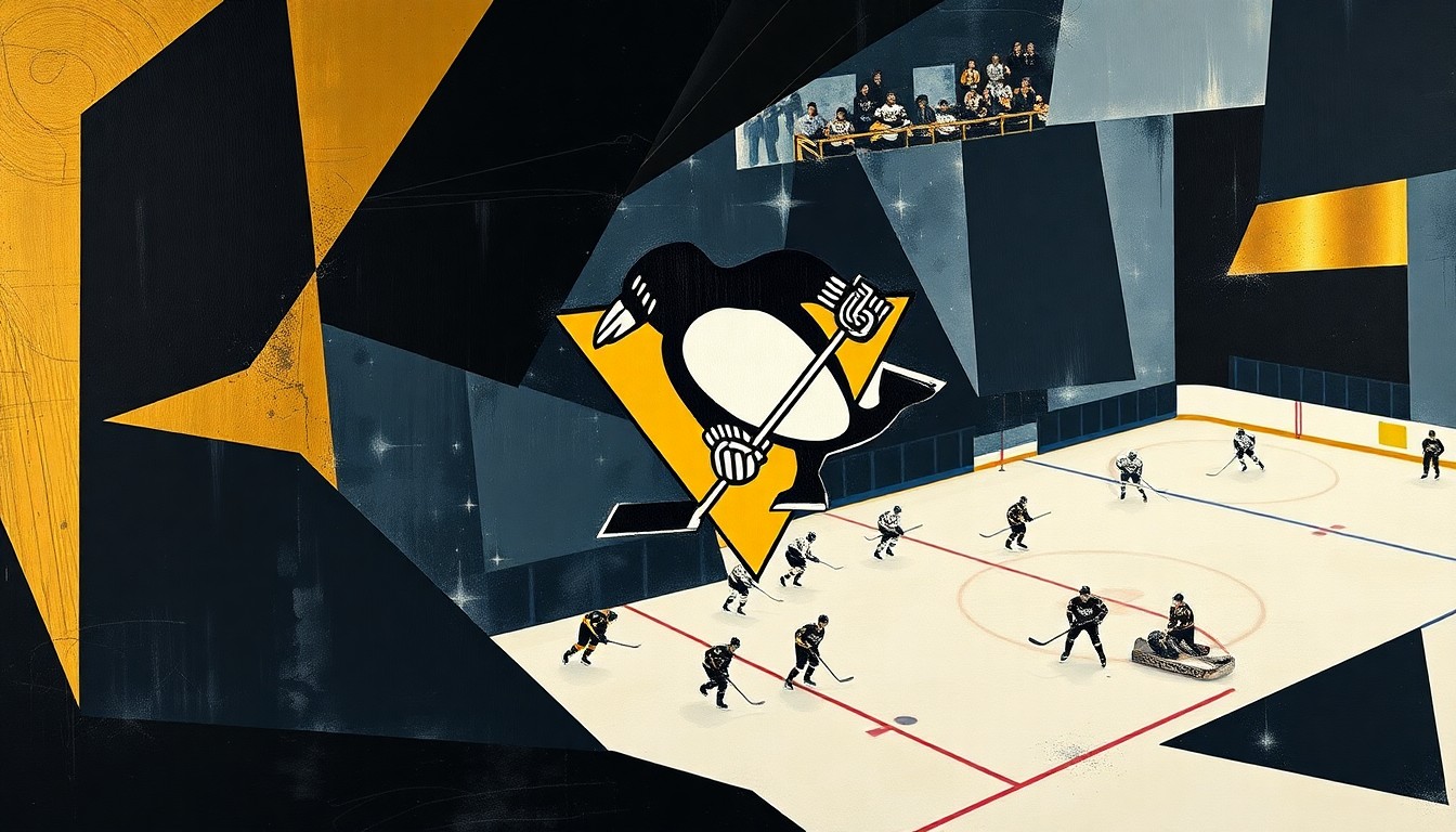 A cubist, geometric illustration depicting a Penguins hockey game, with sharp, overlapping planes of black, gold, and navy blue representing the players and action on the ice.