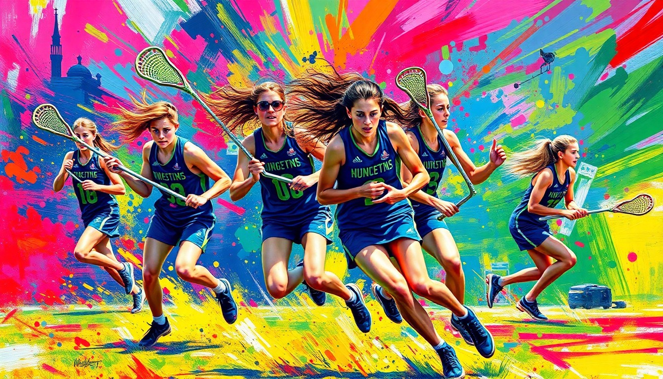 An abstract, expressionist painting in vibrant neon colors capturing the frenetic energy and motion of a girls lacrosse game, with players' forms dissolving into dynamic brushstrokes.