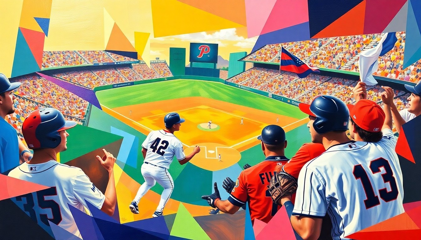 A cubist, geometric painting depicting a baseball game in progress, with the players' forms broken down into sharp, overlapping planes of color representing the Pepperdine Waves' and their opponents' uniforms. The scene conveys the dynamic energy and strategic complexity of the sport.