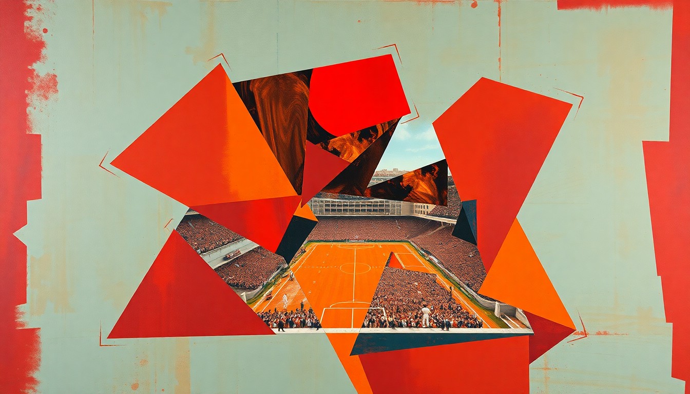 A cubist, geometric painting depicting a fragmented football game, with sharp planes of red, orange, and blue intersecting to create a dynamic, abstract composition.