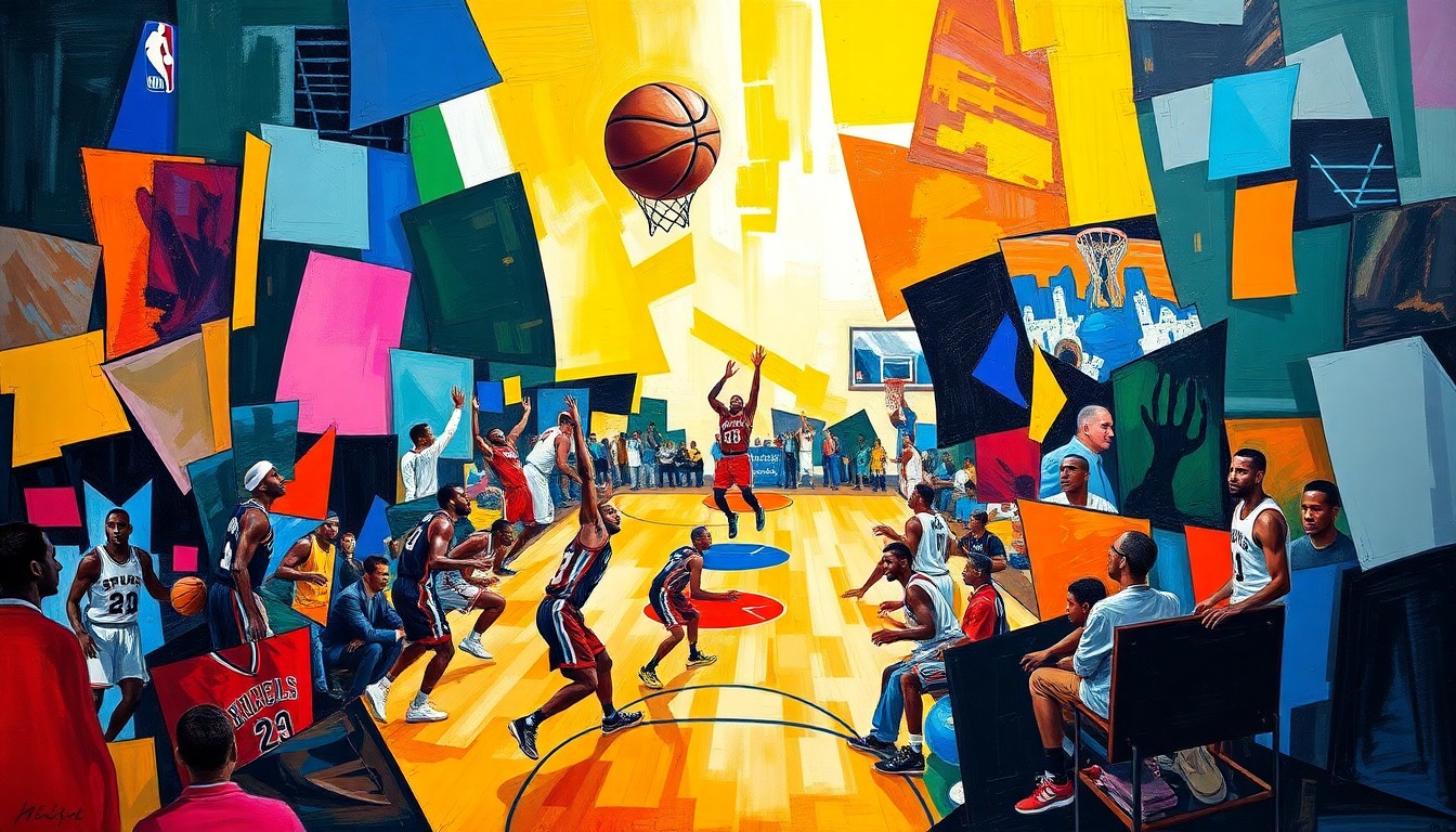 A cubist, geometric painting depicting a basketball game or match, with sharp, overlapping planes of color representing the Spurs and their potential playoff opponents. The image captures the energy and intensity of the game without showing any recognizable figures or logos.