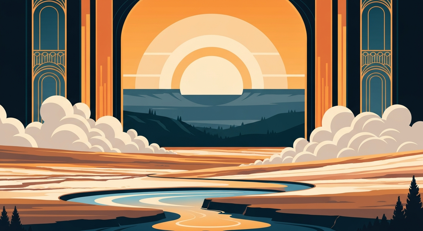 A highly stylized, Art Deco-inspired illustration capturing the grand, sweeping scale and dramatic forms of Yellowstone's iconic thermal features, conveying a sense of awe and the need to protect these natural wonders.