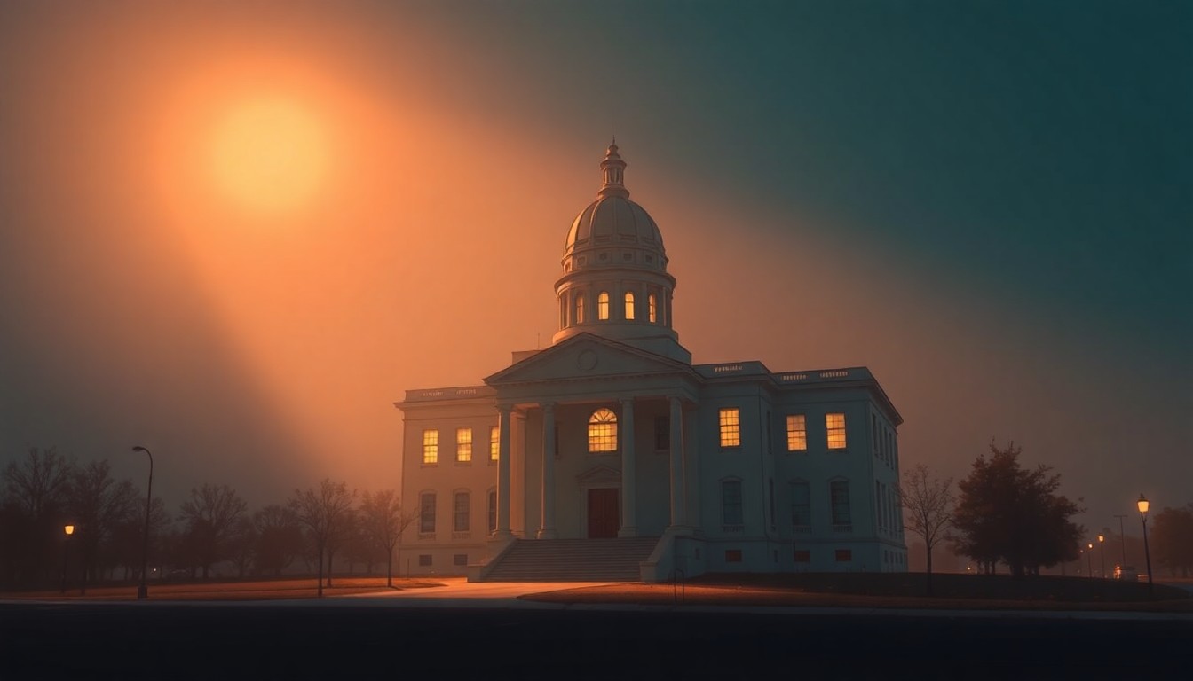 A serene, photorealistic painting of the Idaho state capitol building in Boise, with the structure bathed in warm, golden light and surrounded by deep shadows, conveying a sense of quiet contemplation about the state's political dynamics.
