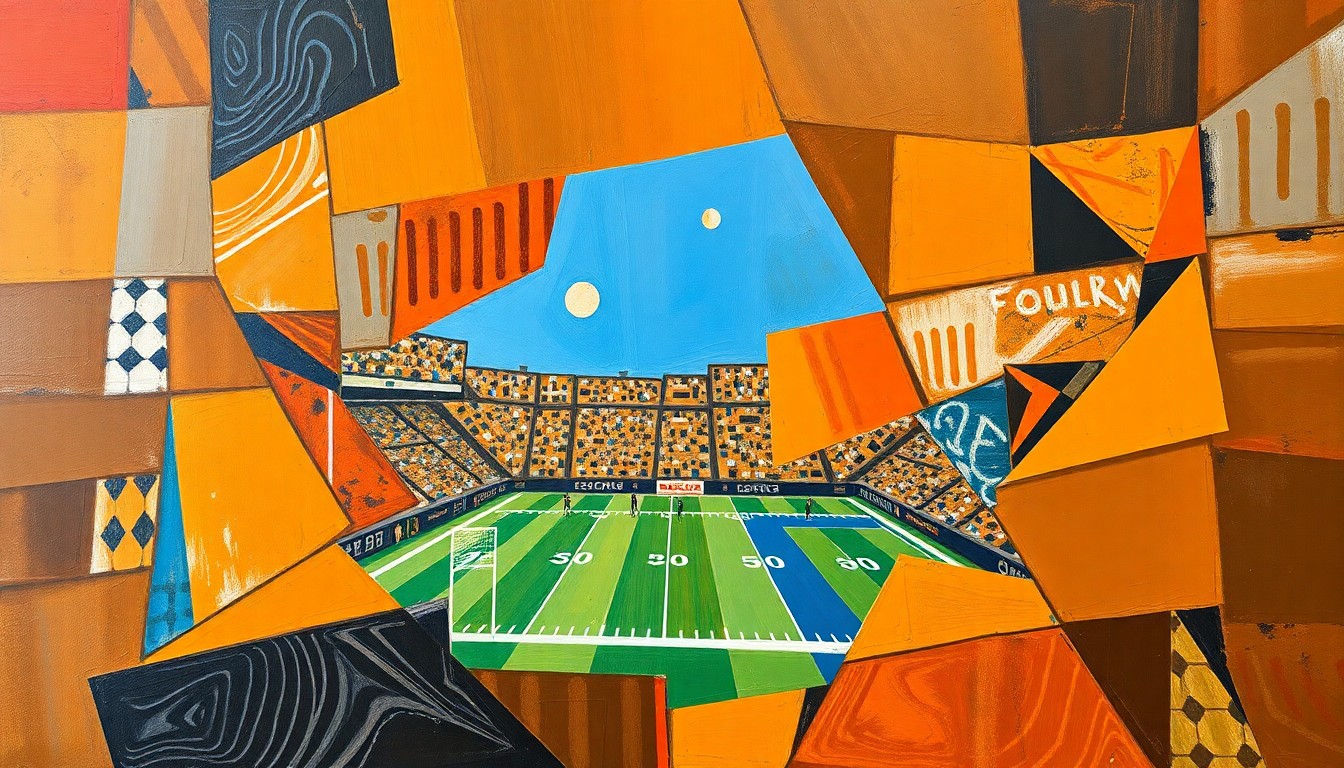 A cubist, geometric painting depicting a football game broken down into overlapping planes of brown, orange, and blue, conveying the complexity and intensity of the Browns' quarterback competition.