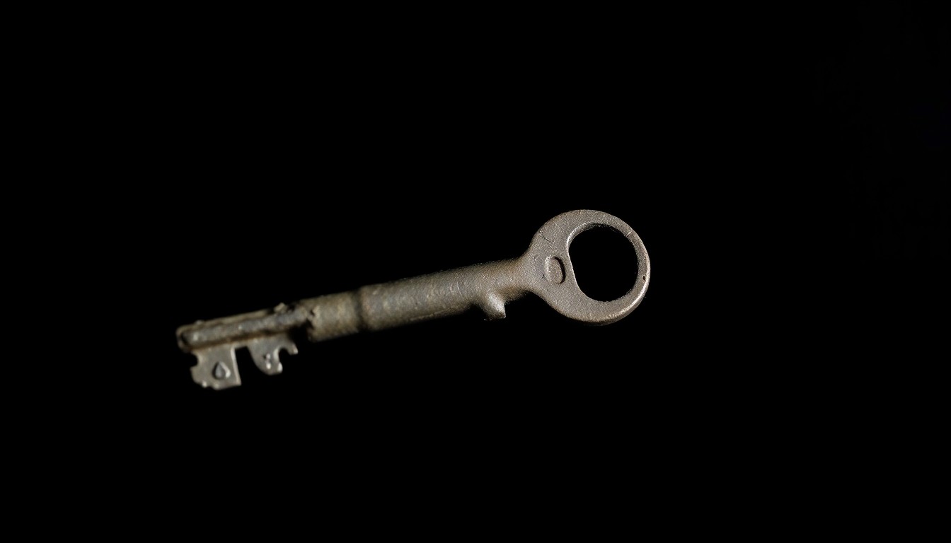 An extreme close-up photograph of a crumpled, weathered boat key against a pitch-black background, lit by a harsh, direct camera flash, conceptually representing the physical evidence in the investigation of a woman's mysterious disappearance.