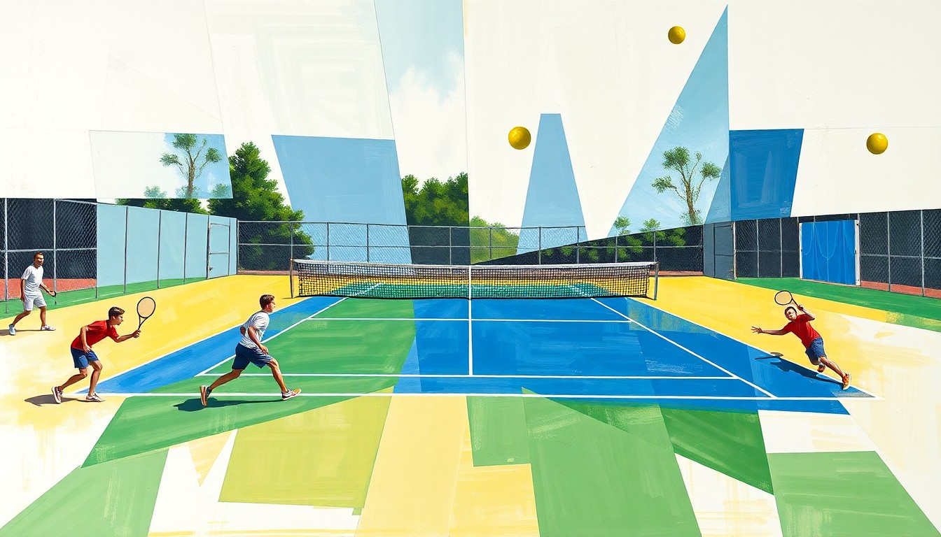 A cubist, geometric painting depicting a tennis match between two high school teams, with the players and court broken down into sharp, overlapping planes of color and shape, capturing the dynamic energy of the sport.