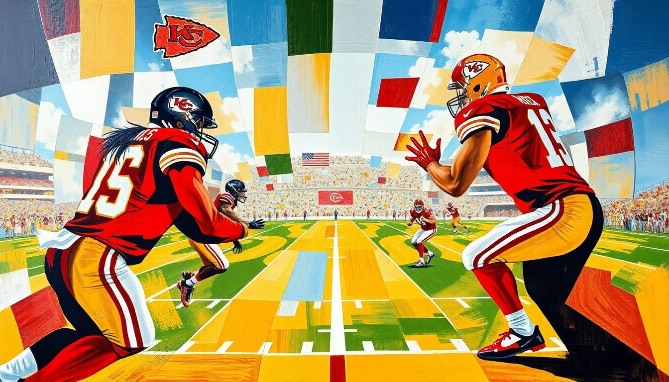 A cubist, geometric painting in red, gold, and white, depicting a fragmented, multi-angled view of a football game, conceptually representing the uncertainty surrounding the Chiefs' draft plans.