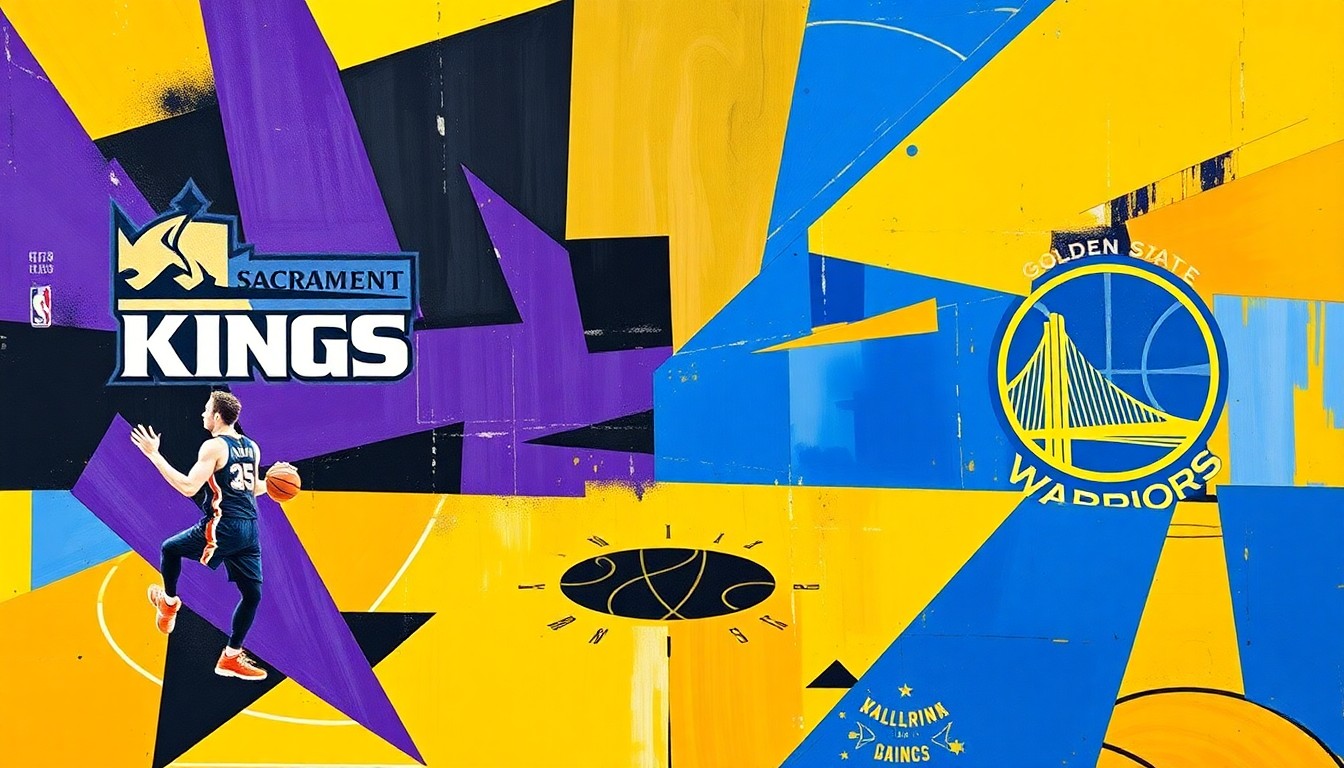 A fragmented, cubist-style painting depicting a basketball game, with the players and court broken down into sharp, overlapping geometric shapes in the team colors of the Sacramento Kings and Golden State Warriors.