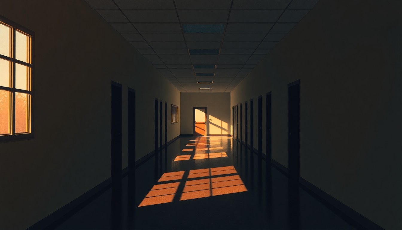 A dimly lit, cinematic painting of an empty school hallway, with sunlight streaming in through the windows and casting long shadows on the floor, creating a sense of melancholy and uncertainty about the future of public education.