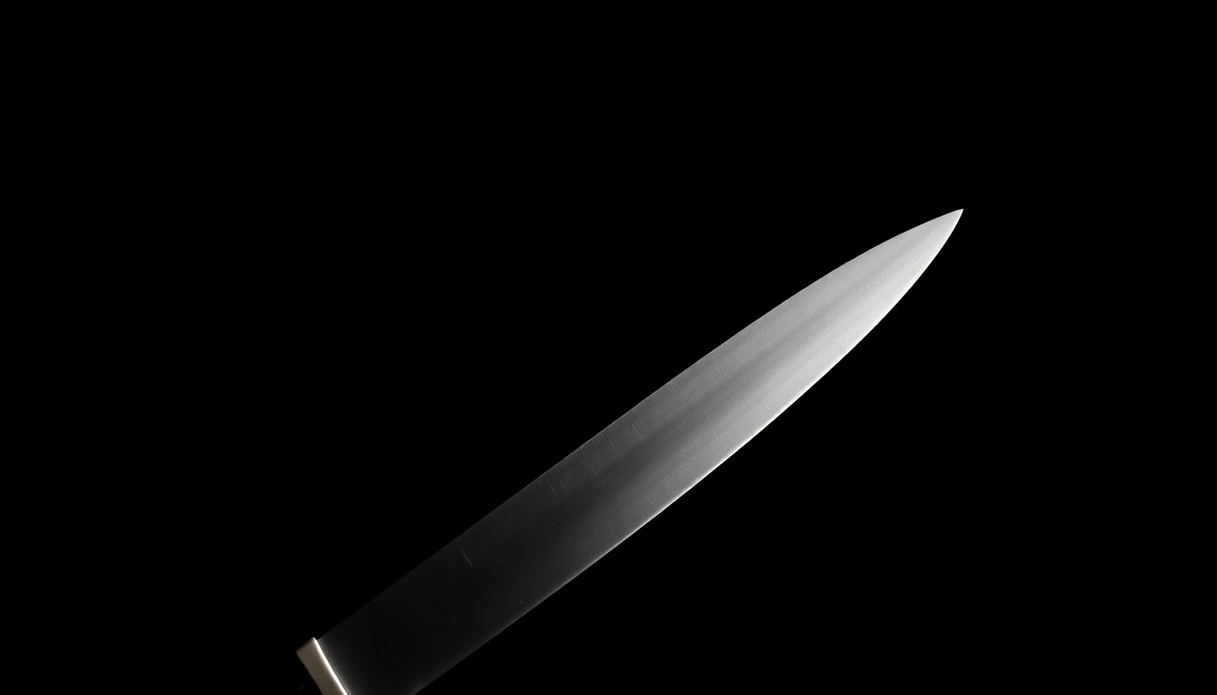 An extreme close-up photograph of a kitchen knife against a pitch-black background, lit by a harsh, direct camera flash, conceptually representing the weapon used in this alleged violent crime.