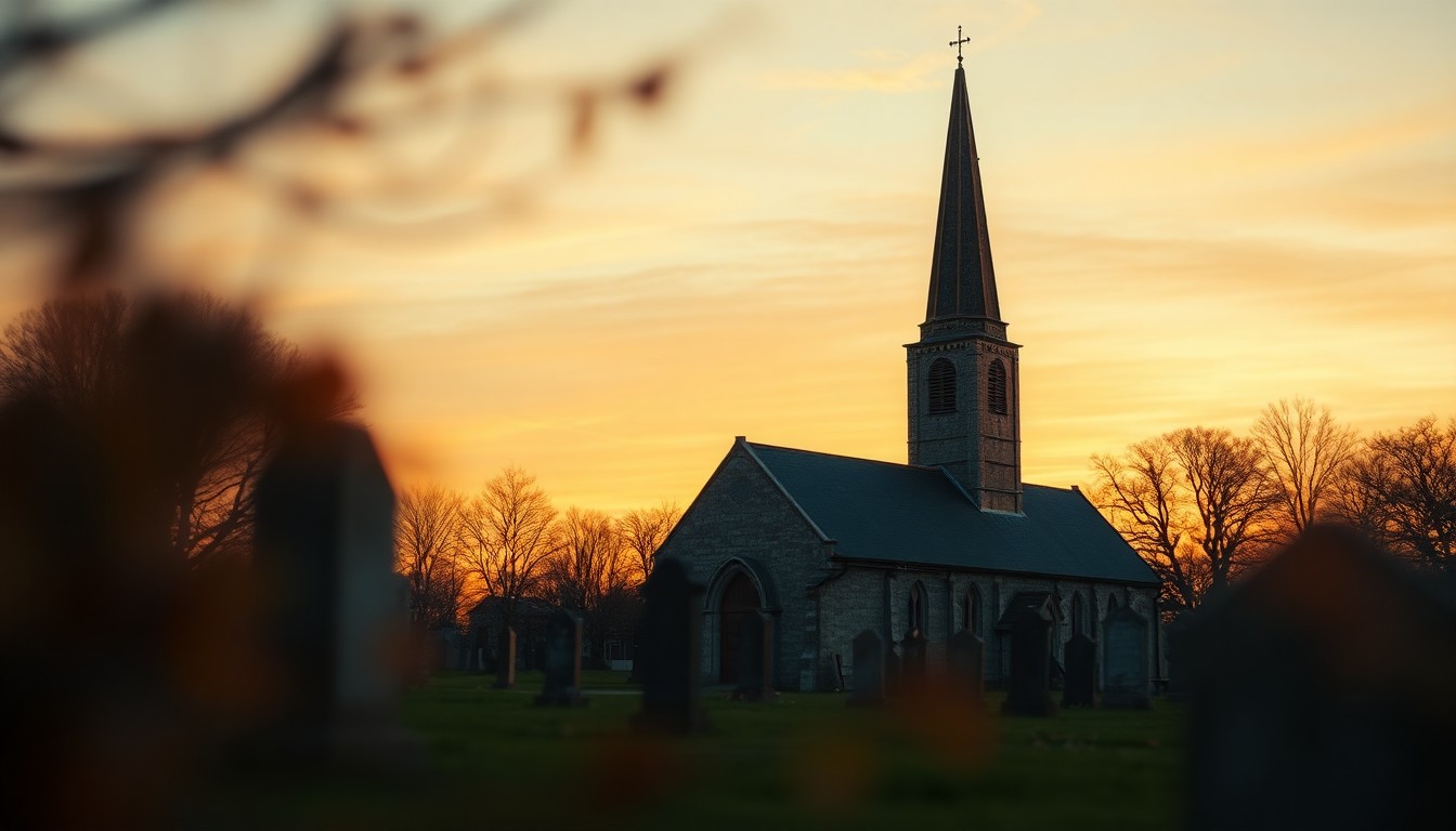 An out-of-focus photograph of a church steeple and graveyard at dusk, with the edges of the frame blurred into abstract shapes of warm light and color, conceptually representing a somber yet meaningful community gathering.