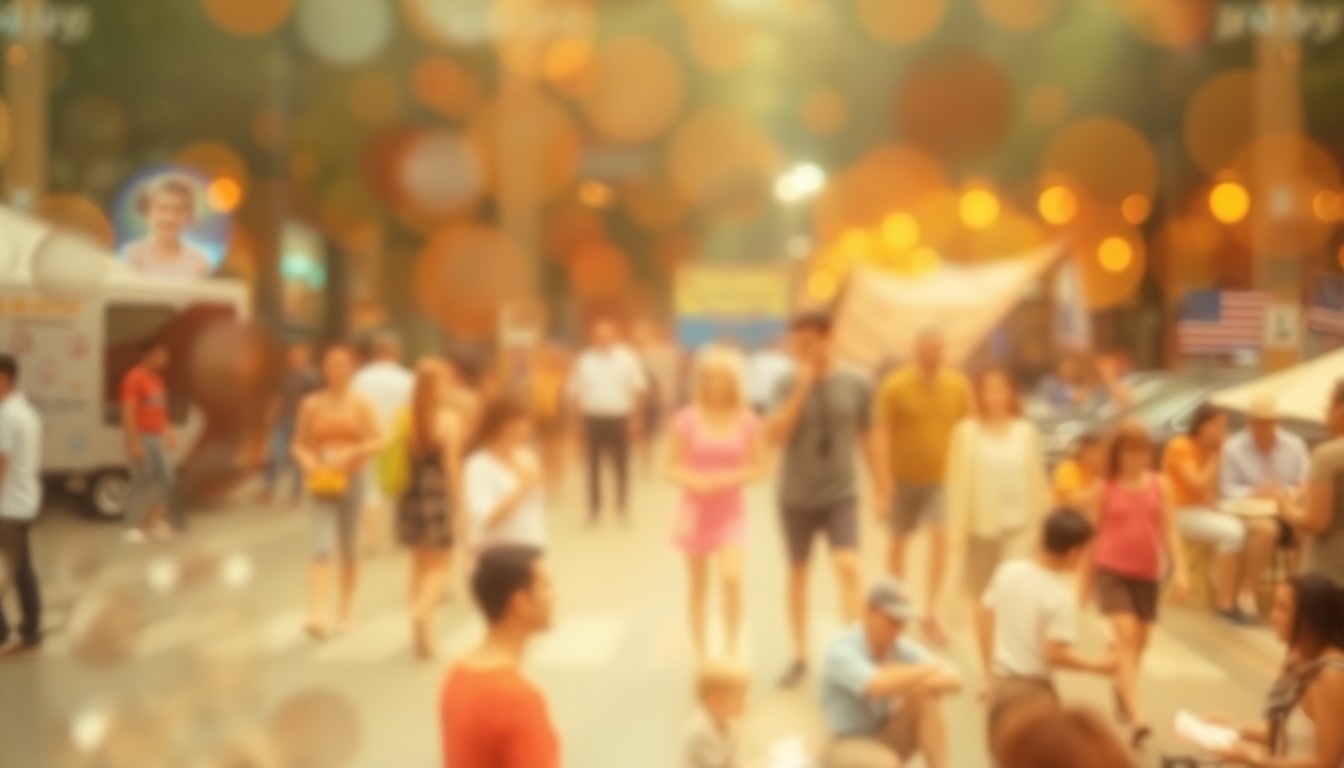 An extremely abstracted, out-of-focus photograph composed of various lifestyle scenes and concepts in soft pools of warm color and light, representing the diverse community events and activities taking place in Ramona.