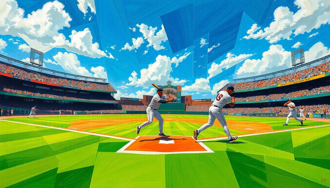 A fractured, multi-perspective painting using sharp geometric shapes and planes of color to depict a baseball player hitting a double, with the ball, players, and field all deconstructed into an abstract, dynamic composition.