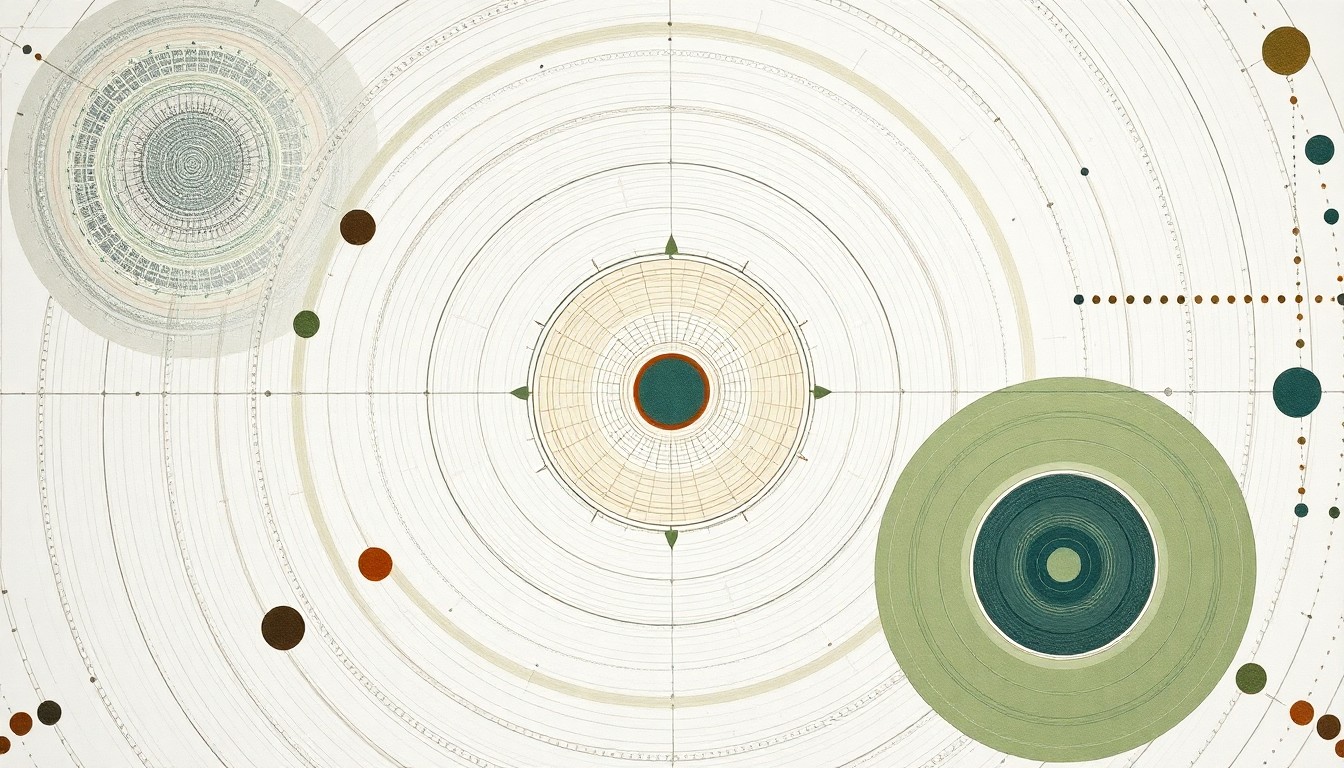 A highly structured abstract painting in soft, earthy tones of green, brown, and blue, featuring sweeping geometric arcs, concentric circles, and precise botanical spirals, conceptually representing the interconnected systems of a community solar energy grid.