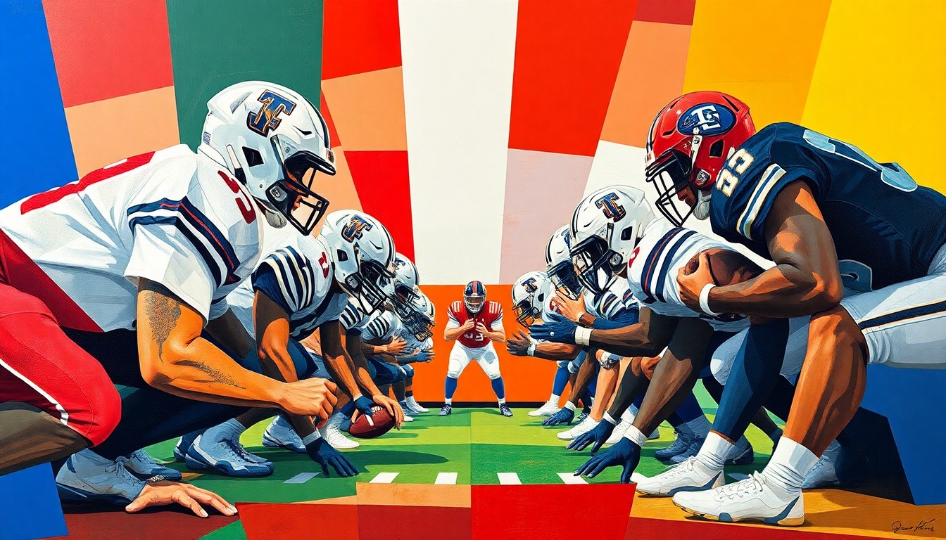 A cubist, geometric painting depicting the overlapping, fragmented forms of a college football offensive line, using the official colors of the University of Toledo Rockets to conceptually represent the team's veteran presence in the trenches.