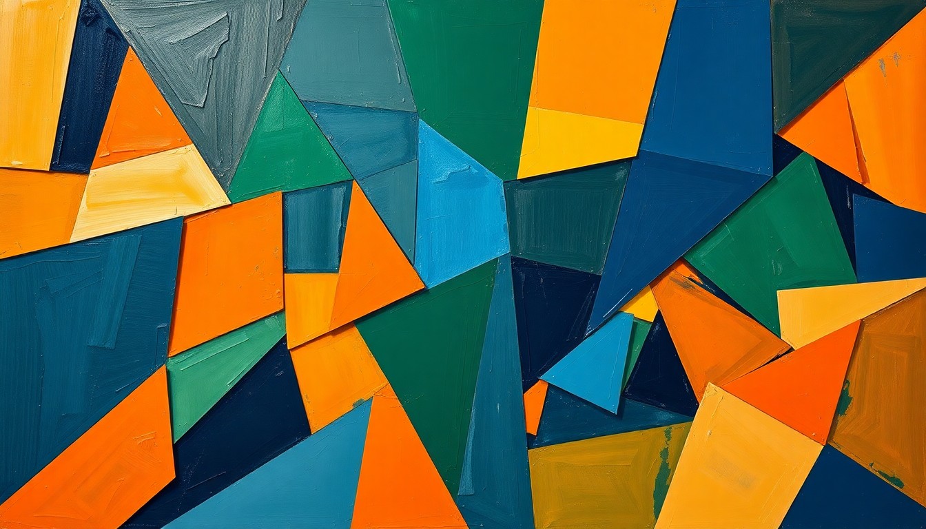 A cubist, geometric painting depicting the fragmented action of a basketball game, with sharp planes of navy, green, and orange intersecting to create a dynamic, abstract composition.