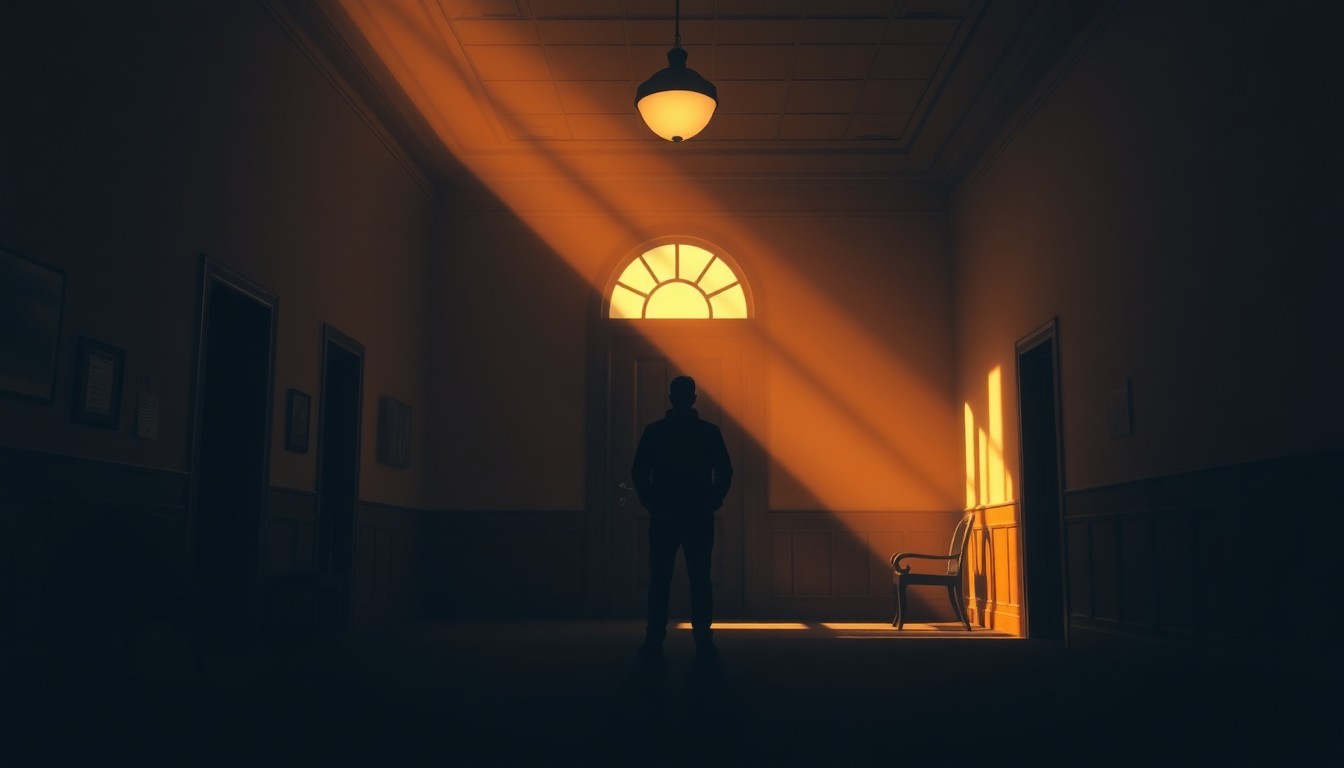 A moody, cinematic painting of a lone figure standing in a shadowy government office, the warm light casting dramatic shadows and highlighting the solitary nature of their struggle.