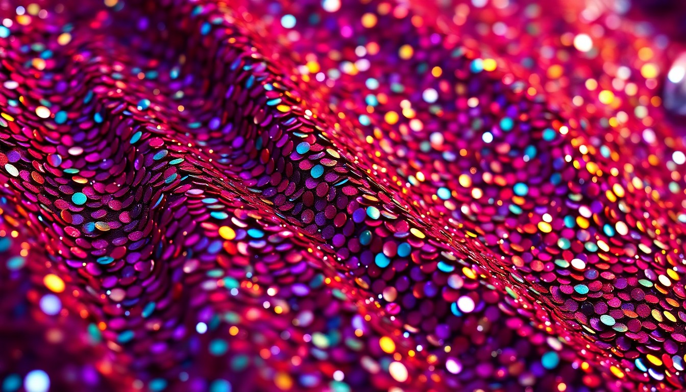 An abstract close-up photograph of a shimmering, sequined fabric in deep purple, emerald green, and gold hues, conveying a sense of high-end glamour and celebration.