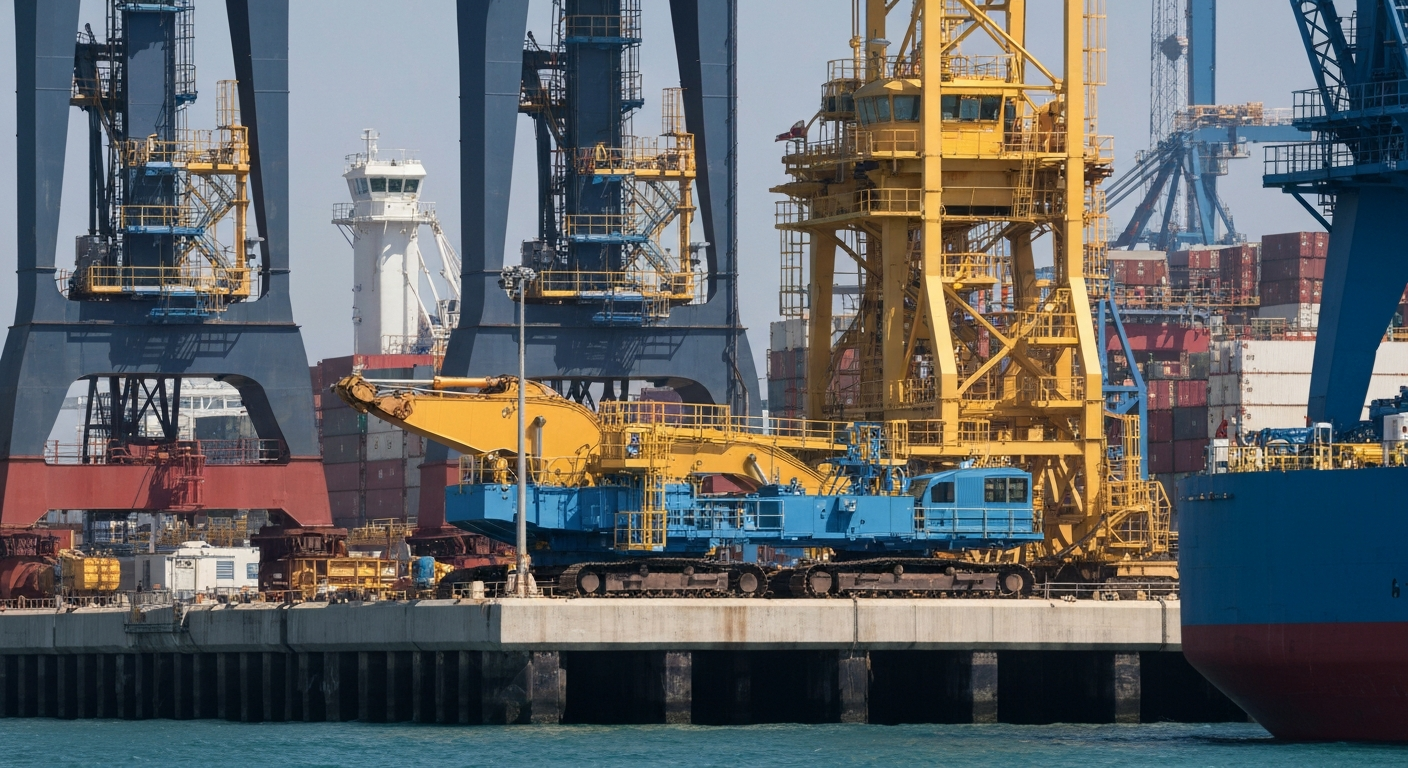 An extreme close-up of heavy industrial machinery and equipment dominating the frame, representing the strategic importance and physical scale of the Strait of Hormuz, a critical global shipping chokepoint.