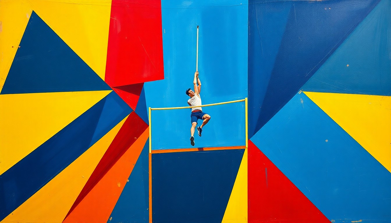 A cubist, geometric painting depicting a pole vaulting competition, with the athlete's body and the pole broken down into sharp, overlapping planes of color, capturing the dynamic motion and energy of the sport.