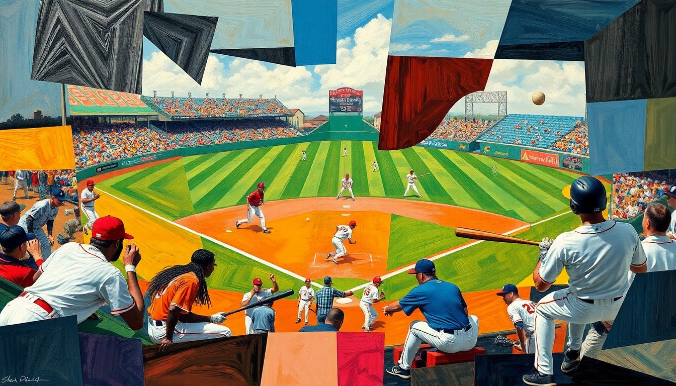 A cubist, geometric painting depicting the action of a college baseball game, with players, bats, and baseballs fractured into overlapping planes of color and shape.