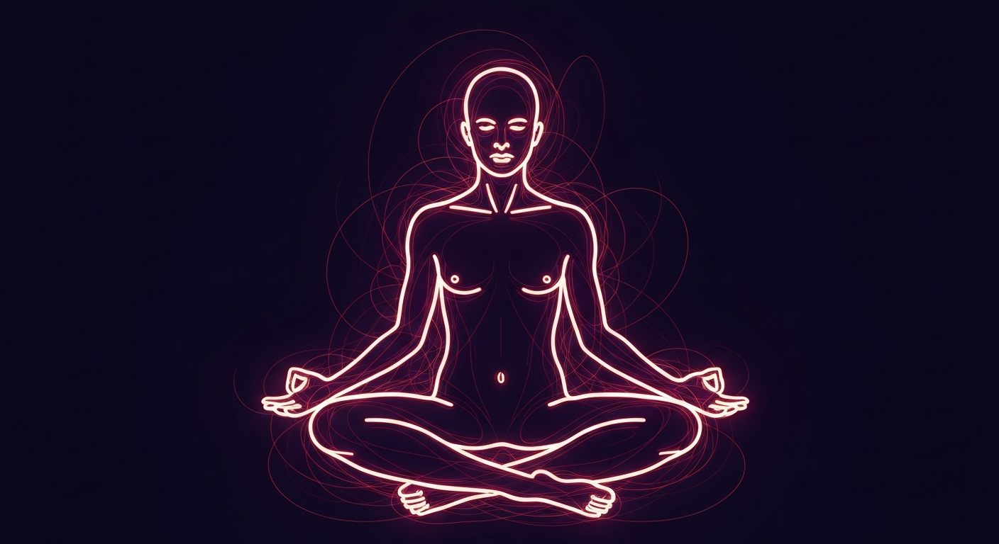 An abstract human figure in a meditative pose, defined by glowing neon lines against a dark background, conveying the calming and introspective qualities of art therapy.