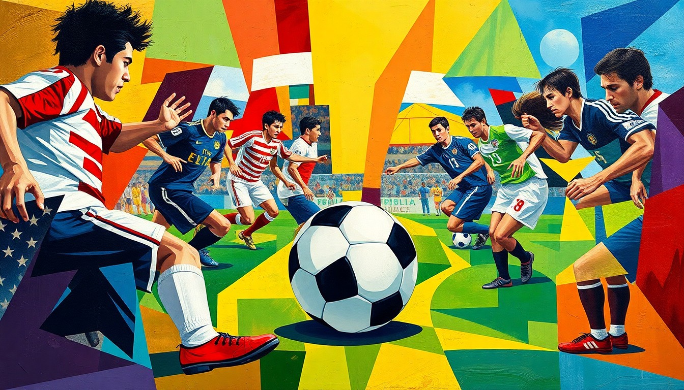 A cubist, geometric painting depicting a soccer match between the U.S. and Paraguay, with the players' forms abstracted into angular, colorful shapes and the ball as the central focus.