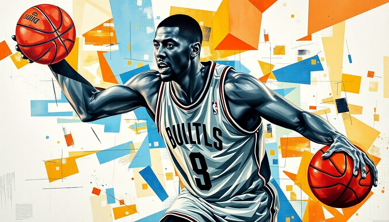 A fragmented, geometric painting in the style of Pablo Picasso, depicting the overlapping, angular movements of a basketball player in motion, with no recognizable features or details.