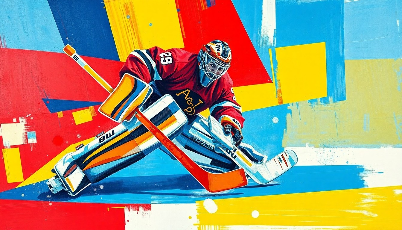 A cubist, geometric painting depicting a hockey goaltender making a save, with the player's body and equipment broken down into sharp, overlapping planes of vibrant red, blue, and yellow colors.