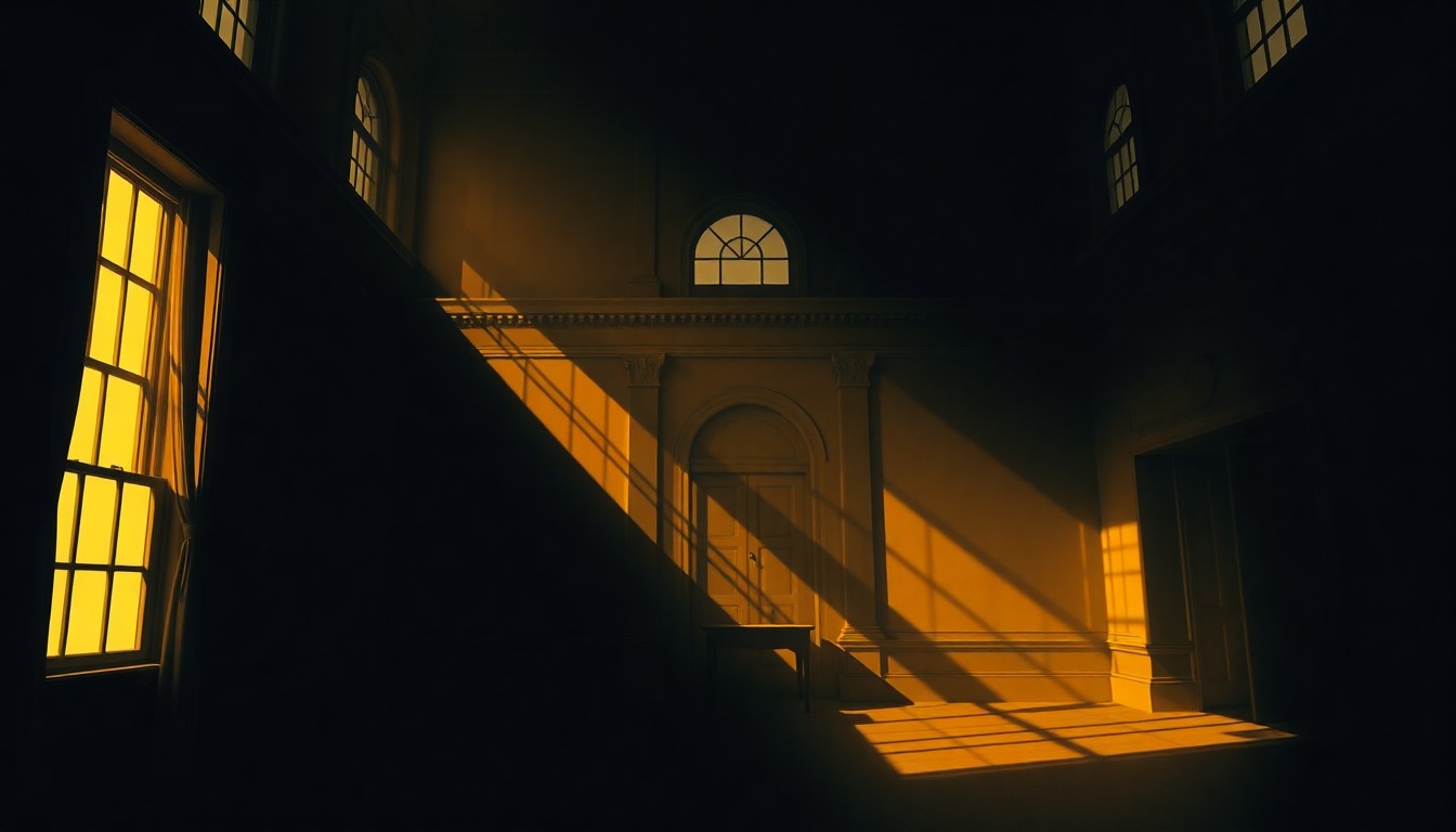 A dimly lit, cinematic interior of a government office or political building, with warm sunlight streaming through the windows and deep shadows, creating a sense of solemnity and unease.