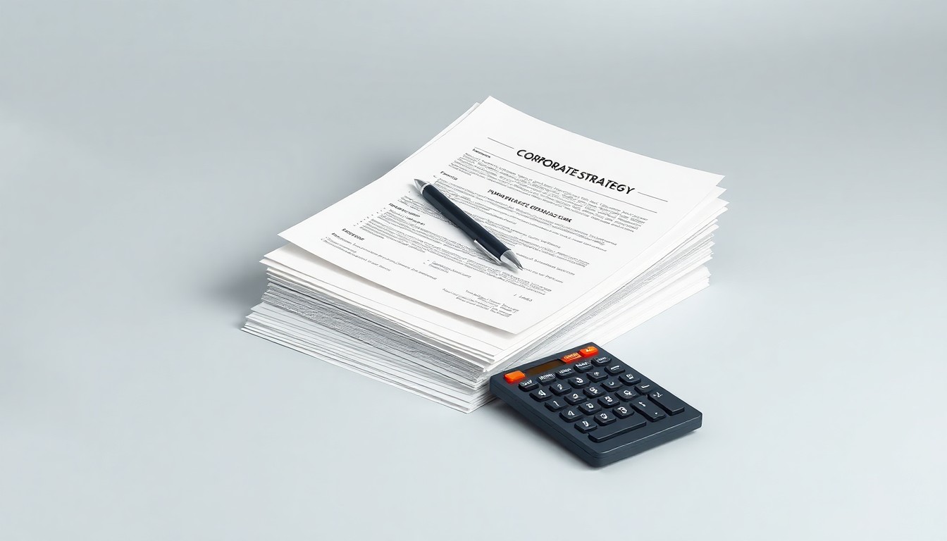 A minimalist studio still life photograph featuring a stack of financial documents, a pen, and a calculator arranged elegantly on a clean, monochromatic background, conceptually representing the abstract corporate strategy and market analysis required when deciding between public and private financing options.