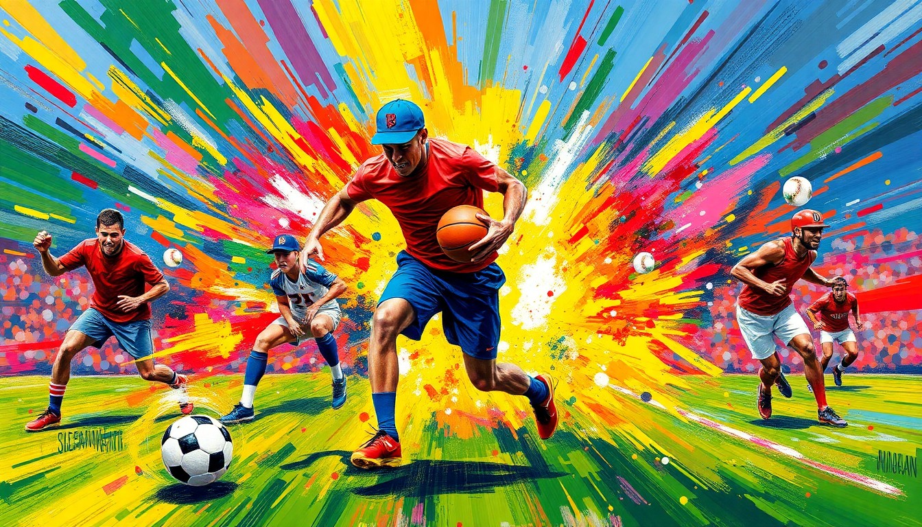 An abstract, expressionist painting using vibrant neon colors and rapid brushstrokes to depict the dynamic motion and energy of various spring sports like soccer, baseball, and basketball.