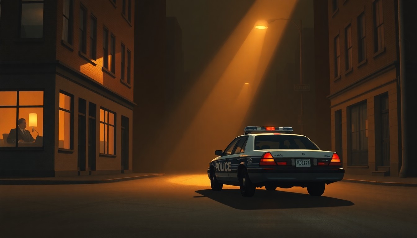 A photorealistic painting of a lone police car parked on a shadowy urban street, with warm sunlight casting dramatic diagonal shadows across the scene, conveying a sense of quiet contemplation and the need for reform.