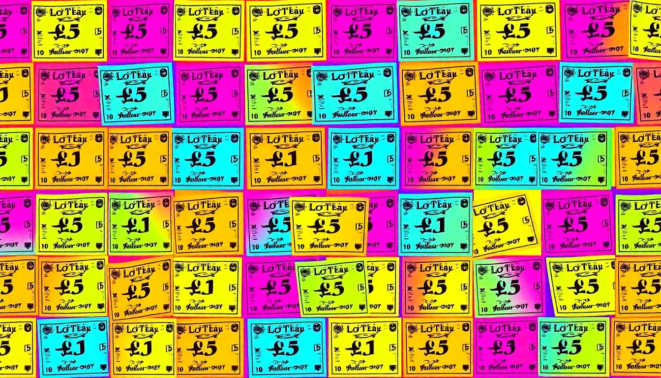 A highly stylized, silkscreen-like illustration featuring a repeated pattern of a single, iconic lottery ticket object in a grid of bright, neon colors and bold black outlines, conveying the thrill and significance of a life-changing lottery win.