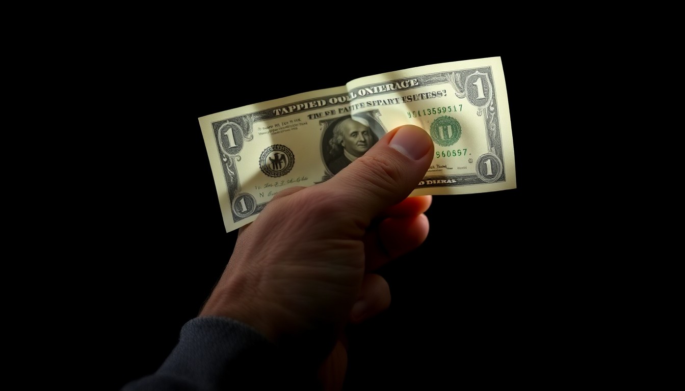 An extreme close-up of an elderly hand holding a crumpled dollar bill, the harsh flash lighting creating a stark, gritty, investigative aesthetic to conceptually represent the financial exploitation of seniors.