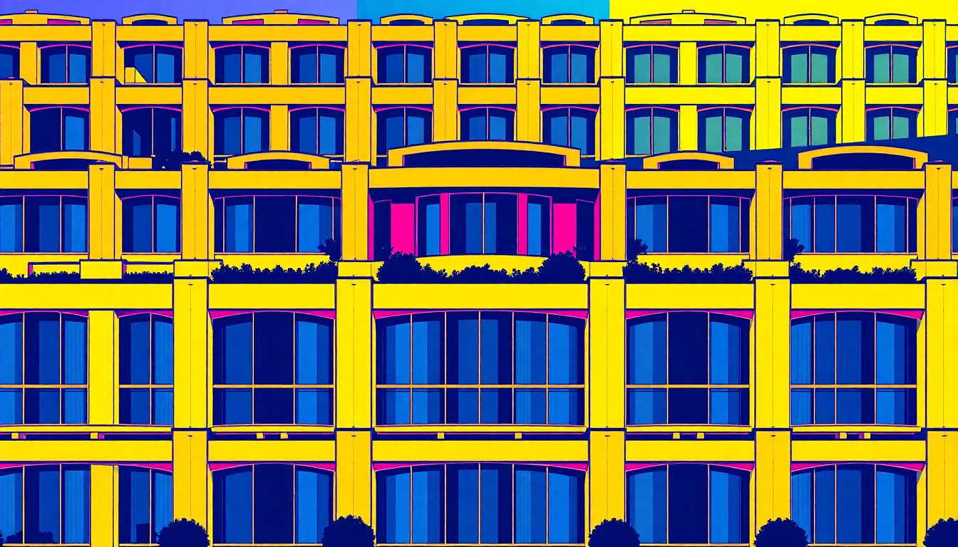 A high-contrast silkscreen print in neon pink, orange, and blue hues depicting the iconic architecture of the Getty Center, repeated in a grid pattern to create a modern pop art aesthetic.