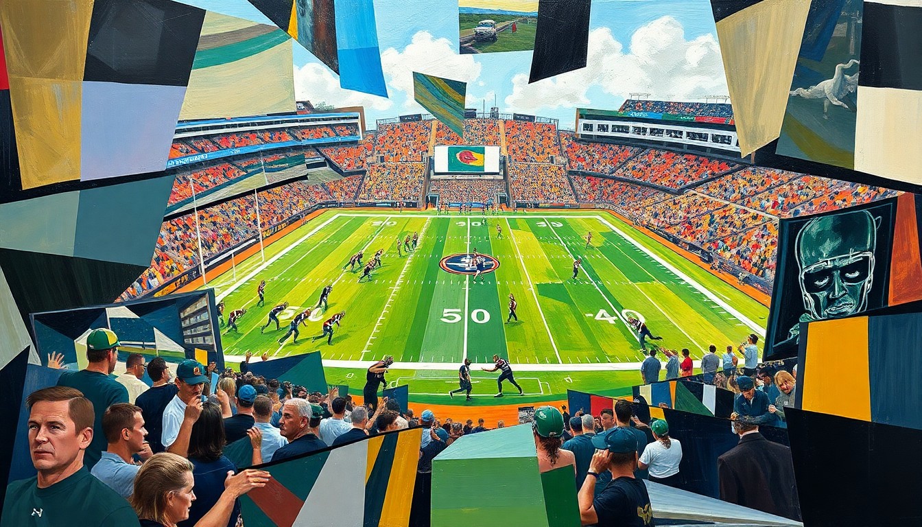 A fractured, geometric painting depicting a football field and players, with sharp, overlapping planes of color representing the intense, demanding nature of Auburn's spring practices.