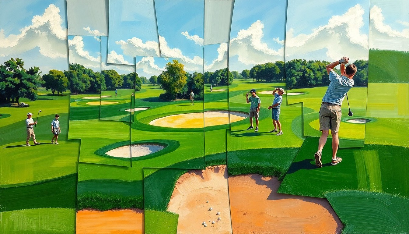 A fragmented, geometric painting depicting the overlapping perspectives and movements of a high school golf competition, with sharp planes of green fairways, sand traps, and players swinging their clubs.