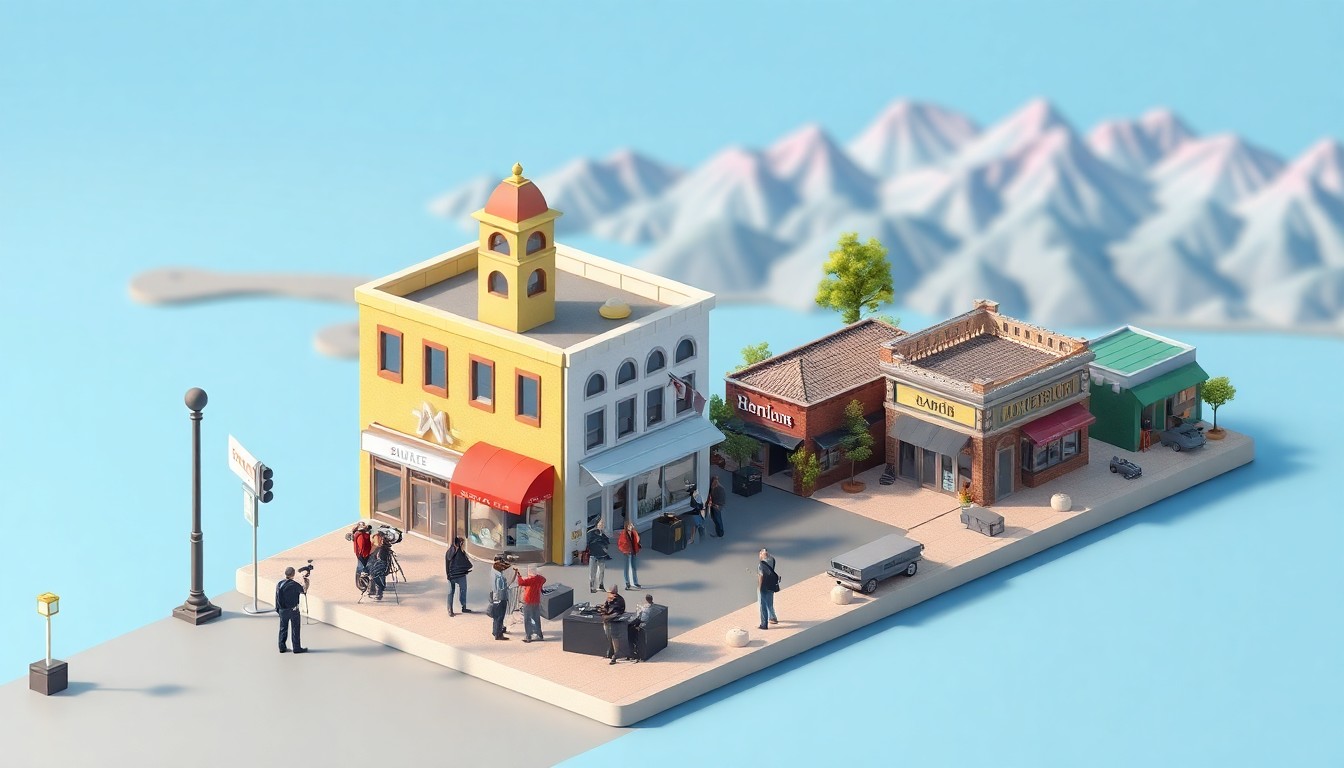 An isometric 3D digital illustration depicting a miniature film crew shooting on location in downtown Lake Elsinore, with the iconic lake and mountains in the background, showcasing the city's versatile filming backdrops.