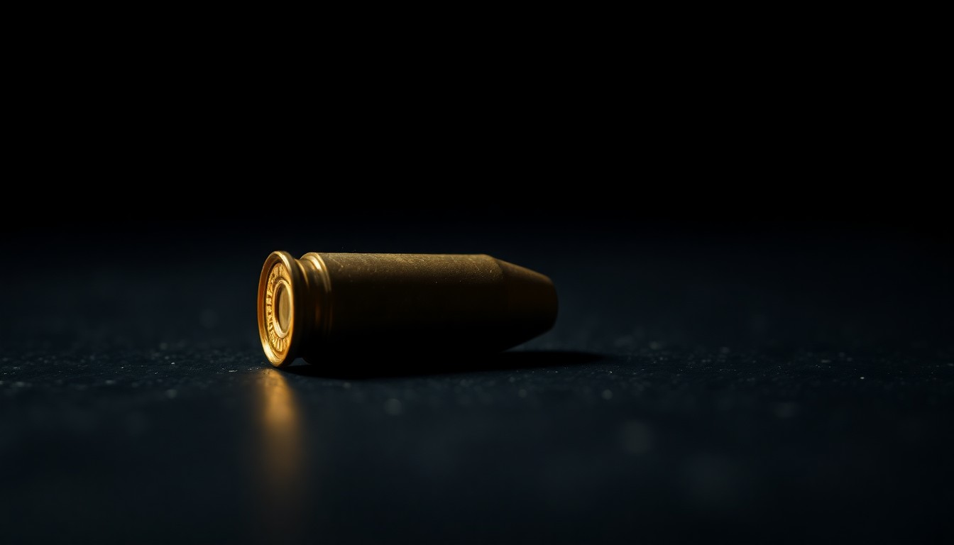 An extreme close-up photograph of a single spent shell casing on a dark surface, lit by a harsh, direct camera flash, conceptually representing the sudden and violent nature of the crime.