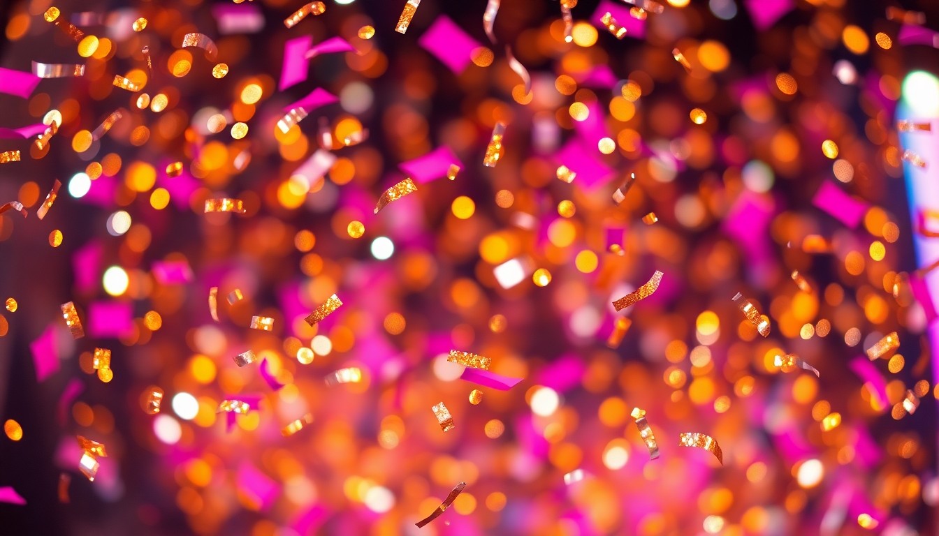 An extreme close-up photograph of shimmering festival confetti in a kaleidoscope of metallic and neon colors, capturing the glamour and excitement of the Coachella music festival.