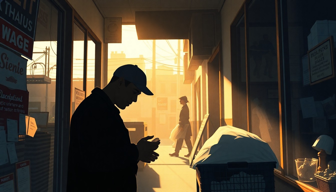 A warm, cinematic painting of a solitary worker counting coins in the sunlight of an urban storefront, conveying the emotional impact of a minimum wage increase on everyday people's lives.
