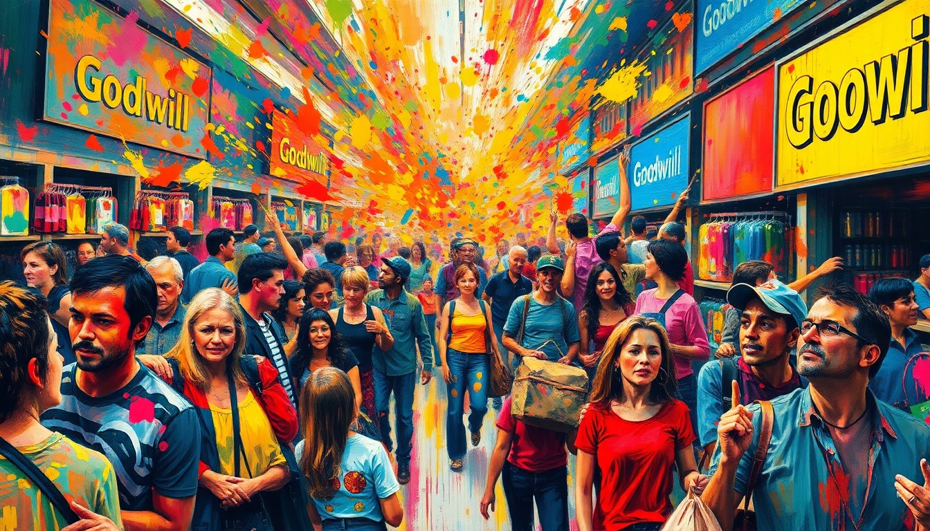 An abstract, expressionist painting in vibrant neon colors depicting a chaotic crowd of shoppers rushing through a Goodwill store, their forms and faces blurred into a frenetic, energetic scene.
