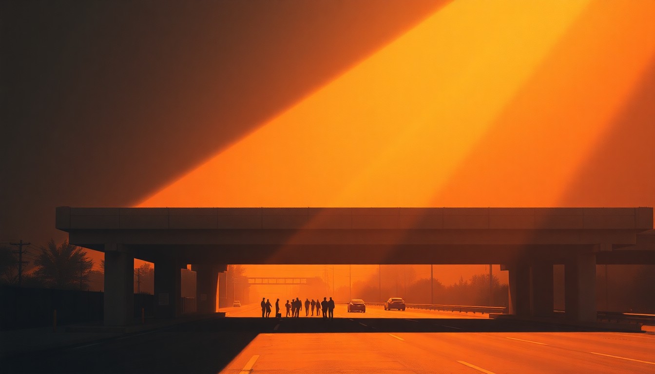 A cinematic painting of a solitary freeway overpass or on-ramp in warm, golden light, with a small group of people gathered underneath, capturing the quiet contemplation and community spirit of efforts to reconnect neighborhoods divided by harmful infrastructure.