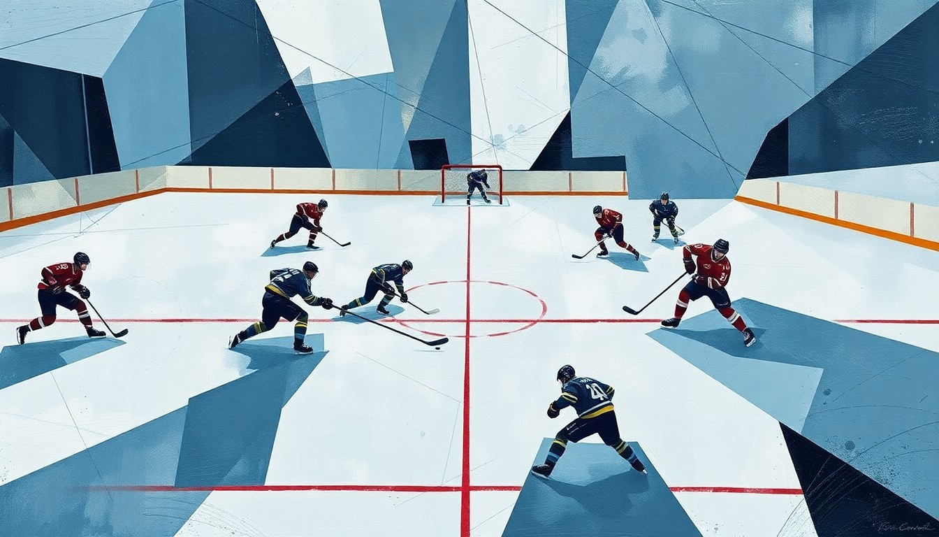 A fractured, multi-perspective painting featuring abstracted, angular forms representing hockey players, a goaltender, and a puck, all set against a muted color palette of blues, grays, and whites with hints of red and yellow, conceptually capturing the intensity and drama of the Frozen Four semifinal matchup.